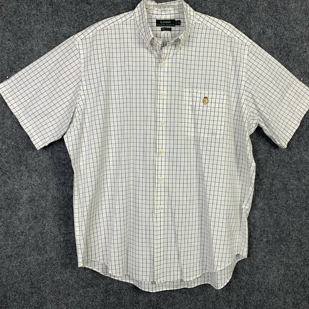 Lauren Ralph Lauren White Short-Sleeve Button-Down with Navy Grid and Gold Pony